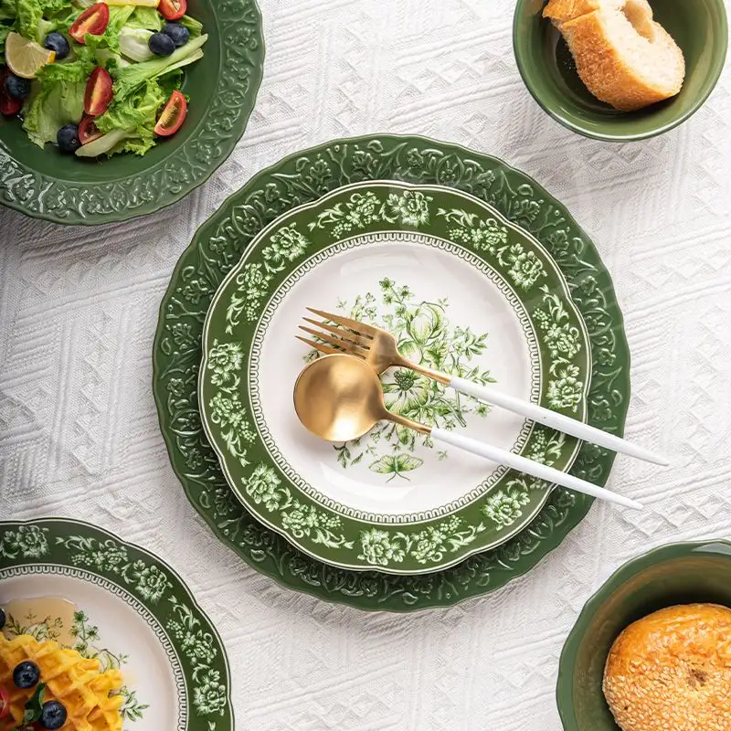 Роскошный фарфоровый набор для ужина, Королевский фарфор, керамическая посуда, фиолетовый, зеленый, серый, рельефная Цветочная посуда
