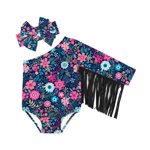 Combinaison asymétrique pour fille, motif tendance, en soie de lait imprimée, pour bébés et tout-petits, vêtements d'été à pompons, vente en gros - Product Image 2