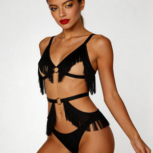Set di Cinture Elastiche con Frange per Donna, <span class=keywords><strong>Top</strong></span> Corto Traforato con Nappine, Costume da Discoteca, Rave Party, Festival, <span class=keywords><strong>Lingerie</strong></span> - Product Image 1
