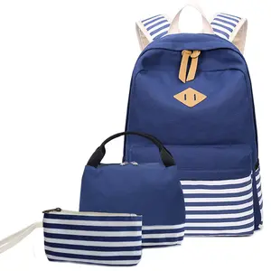 Cheap small fresh navy striped printed student leisure backpack school bag 3 pieces manufacturer in china