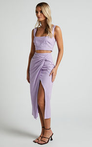 Customized Clothing Factory Co Ord Combinando Linho Sem Mangas Colheita Tops Alta Fenda Torção Midi Saia Longa Conjunto de 2 Peças das Mulheres - Product Image 3
