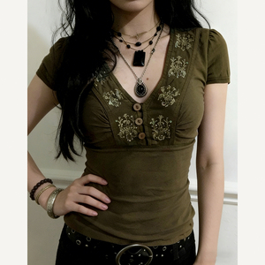 Camiseta Retro Woodland con cuello en V y mangas cortas con volantes – Camiseta informal de color liso para mujer - Product Image 3