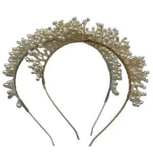 Позолоченная розовое золото Металлическая корона с белым жемчугом дизайнерские свадебные золотые аксессуары для волос