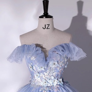 Off The Shoulder Ball Gown Evening Dress Gray Blue Champagne Color Organza Empire Waistline Simple Elegant Design - Product Image 2