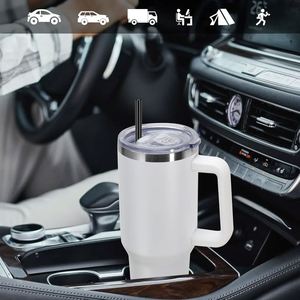 White Stainless Steel Tumbler 40oz <b>With</b> Handle And <b>Straw</b> Vacuum Insulated Travel Mug - Product Image 6