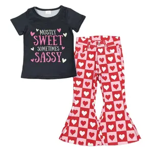 RTS Bébé Filles En Gros À Manches Courtes Saint Valentin T-shirts Tops Coeurs Ceinture Élastique Cloche Bas Denim Vêtements Ensembles