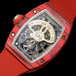 Montre mécanique squelette en agate rouge, forme baril, bracelet en fluororubber, haut de gamme, unisexe, élégante pour le quotidien et les soirées, montre de mode - Product Image 5