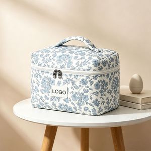 Floral Quilted Custom Logo Cosmetic <b>Large</b> Capacity Travel Toiletry Organizer Pouch <b>Makeup</b> <b>Bag</b> With Handle - Product Image 1