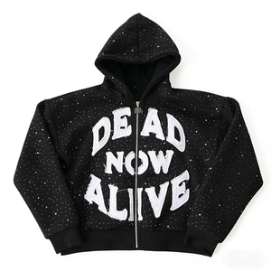 Sudadera con capucha personalizada para hombre, con lavado ácido completo, apliques de purpurina, cremallera, pedrería y bordado 3D, estilo streetwear, 430 g/m² - Product Image 1