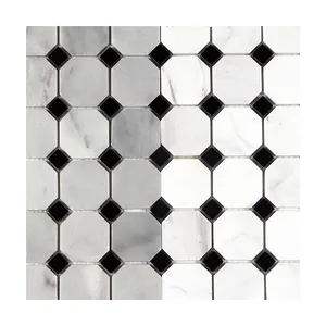 Pabrik Foshan bentuk segi delapan marmer putih alami mosaik ubin dinding hitam dan putih