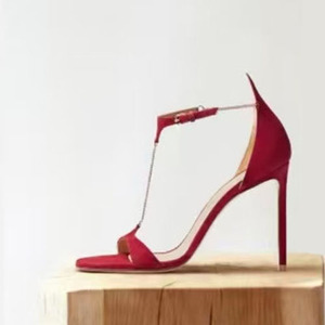 Sandales à talons hauts pour femme, style T-strap, à chaîne, grande taille 45, coupe large, bout ouvert, bride cheville dorée, en soie - Product Image 6