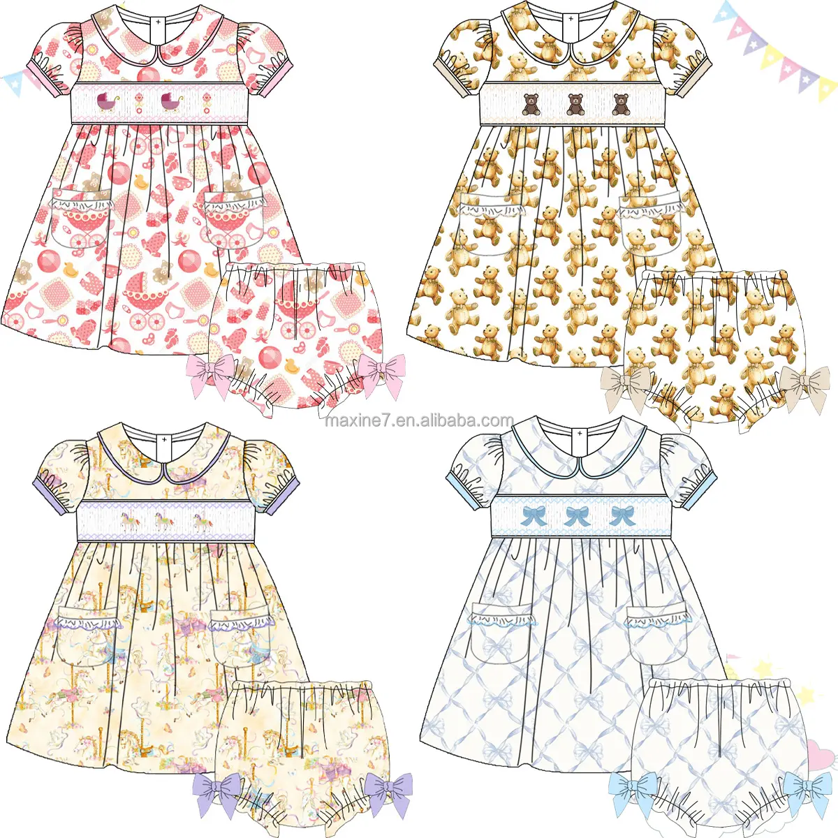 New arrival smocked children clothing puff sleeve carousel embroidery boutique girl outfits custom printed toddler girl sets