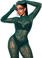 En gros : Bodysuits une pièce en résille jacquard avec gants intégrés, Combinaisons teddy sexy en dentelle, Vêtements de danse exotiques pour femmes, Collants à manches longues