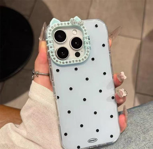 Étui de téléphone portable pour iPhone 16 17 Pro Max 15 14 Plus 13 12 Mini, motif de dessin animé tendance, vague, 2 en <span class=keywords><strong>1</strong></span>, avec lentille en diamant, oreilles de chat - Product Image 1