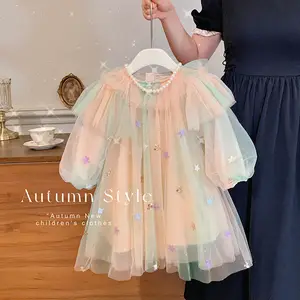 Prinzessenkleid Paillettenfarben Party-Kleid, niedliches Boutique-Design langärmeliges Netzkleid, Stern voll Kinder Sommer Druckbogen