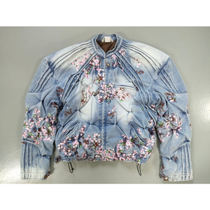 Chaqueta de Mezclilla Oversize para Hombre con Bordado de Flor de Cerezo, Lavado Ácido, Estilo Urbano, Casual, Holgada, Tipo Bomber, Directo de Fábrica - Product Image 1