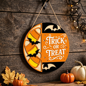 Letrero Redondo de Madera en Capas para Puerta de Halloween, Decoración para el Hogar con Diseño de Truco o Trato, Caramelo, Maíz y Murciélago, para Colgar en la Puerta Principal o Pared - Product Image 3