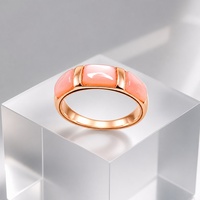 Bague à trois pierres en coquillage rose en argent sterling 925 plaqué or rose avec sertissage rectangulaire, cadeau d'anniversaire