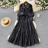 Robe longue élégante pour femme WIWT, rose, coupe trapèze, décontractée, avec perles et dentelle, col montant, manches longues, ceinture, fluide, pour le quotidien