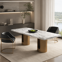 Table à manger rectangulaire de luxe en marbre artificiel durable, base double en acier au carbone, design moderne pour usage extérieur/intérieur, hôtels