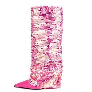 Botas Altas de Mujer con Lentejuelas Brillantes, Tacón de Cuña Alto, Puntera Puntiaguda, Colores Personalizados - Product Image 2