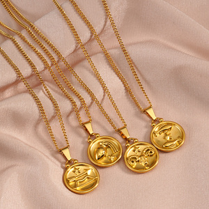 Collana con Ciondolo a Moneta dei 12 Segni Zodiacali, Ipoallergenica, Placcata Oro, in Acciaio Inossidabile, Gioielli alla Moda Vintage per Donne - Product Image 1