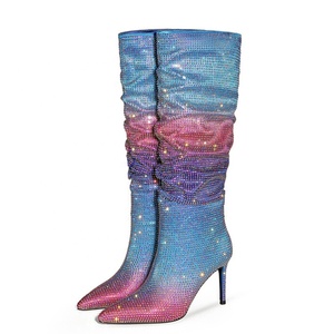 Bottes hautes pour femmes avec strass colorés et diamants mélangés, chaussures sexy à bout pointu et talon aiguille, bottes longues pour femme, grande taille 47, bottines - Product Image 4