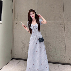 Sweetheart Neck Short Sleeve Dress With Bow Print A Line Casual Daily Wear - Product Image 4