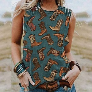 <strong>Women</strong> Western <strong>Cowboy</strong> Print Sleeveless Tank Top Vintage Country Horse Horseshoe Graphic Casual Summer Vest T <strong>Shirts</strong> Wholesale - Product Image 3