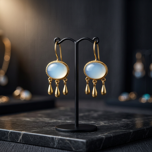 SOUMYA CREATIONS Boucles d'oreilles pendantes tendance en laiton plaqué or avec pierre précieuse Calcedoine Aqua pour femmes, idéales pour les soirées et occasions romantiques - Product Image 3