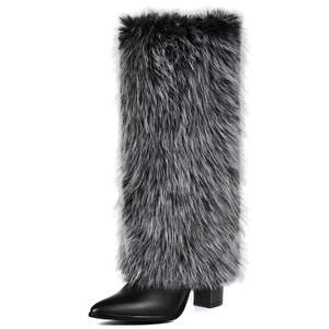 Stivali Alti al Ginocchio da Donna con Pelliccia e Tacco, Stivali Pelosi e Morbidi <span class=keywords><strong>a</strong></span> Punta, Stivali Alti Lunghi con Polpaccio Largo e Zip Laterale - Product Image 1