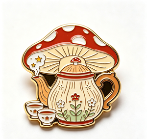 Broche de esmalte con diseño de tetera de hongos rojos y blancos, de metal dorado, para regalo y decoración - Product Image 3
