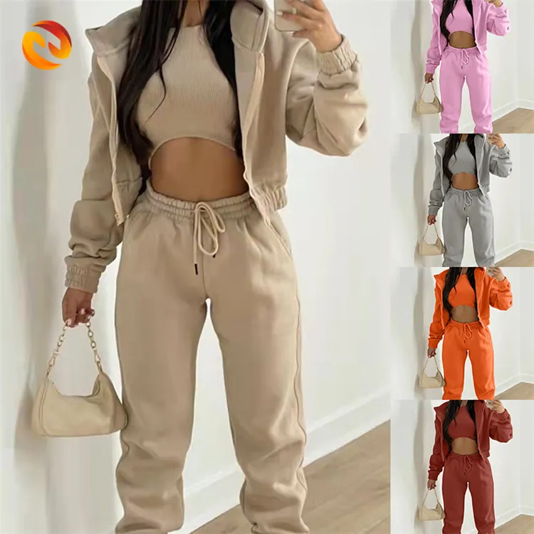 Setelan pakaian wanita musim gugur kustom OEM 2 potong tebal setelan olahraga setelan training Jogger Set 3 buah pakaian celana keringat dan Hoodie