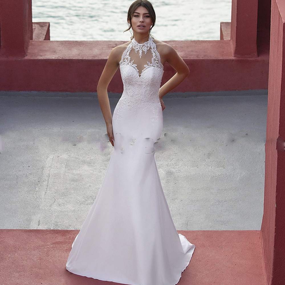 Vestido de novia de sirena sin mangas, sin espalda, con cuello