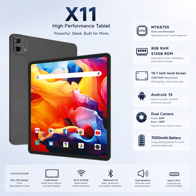 10.1" Android 15 Ultra-Thin Tablet 8+512G Massive Storage HD Incell Screen 7000mAh Long Battery Life for Gaming & Video