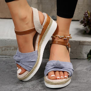 Sandali con Zeppa e Cinturino alla Caviglia in Lino e Pelle PU con Fiocco Marrone, Novità 2024 per Donna - Product Image 5