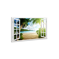 Tableau mural 3D abstrait effet fenêtre, Paysage marin avec palmiers, Décoration murale intérieure sur toile