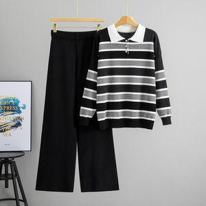 Ensemble décontracté deux pièces pour <span class=keywords><strong>femme</strong></span>, style européen transfrontalier, <span class=keywords><strong>nouvelle</strong></span> <span class=keywords><strong>collection</strong></span> Printemps/Automne 2026, pull rayé à revers et <span class=keywords><strong>pantalon</strong></span> large - Product Image 5