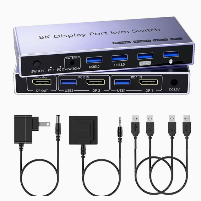 DP KVM Switch 2-Computer USB 30-Hub for 8K 60Hz/4K 240Hz Monitor Keyboard & Mouse Seamless Control