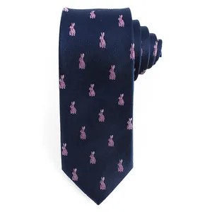 大成批发动物图案 Corbatas 兔子提花海军蓝色领带 100% 真丝领带
