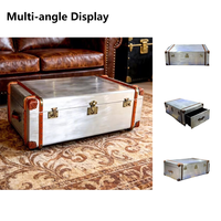 Table basse vintage industrielle en aluminium, table-coffre rétro en métal avec garniture en cuir, pour salon, hôtel, villa, table à thé