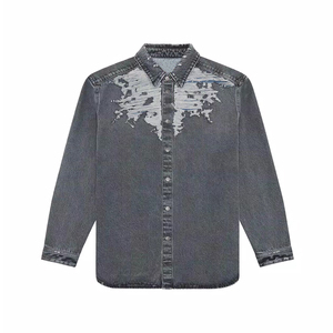 Camicie <span class=keywords><strong>di</strong></span> <span class=keywords><strong>jeans</strong></span> strappate a maniche lunghe da uomo personalizzate camicie <span class=keywords><strong>di</strong></span> <span class=keywords><strong>jeans</strong></span> invecchiate Vintage da uomo grigio scuro - Product Image 3