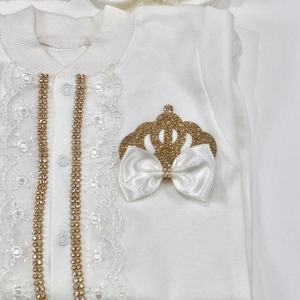 Venta al por mayor personalizado recién nacido manga larga 100% algodón burbuja moderno lujo alta calidad 4 piezas oro joya corona Ángel bebé niñas - Product Image 5