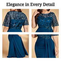 Robe de soirée grande taille bleu paon, manches courtes, haut en dentelle et sequins, jupe drapée, superposition, robe de cérémonie pour mère de la mariée, vente en gros