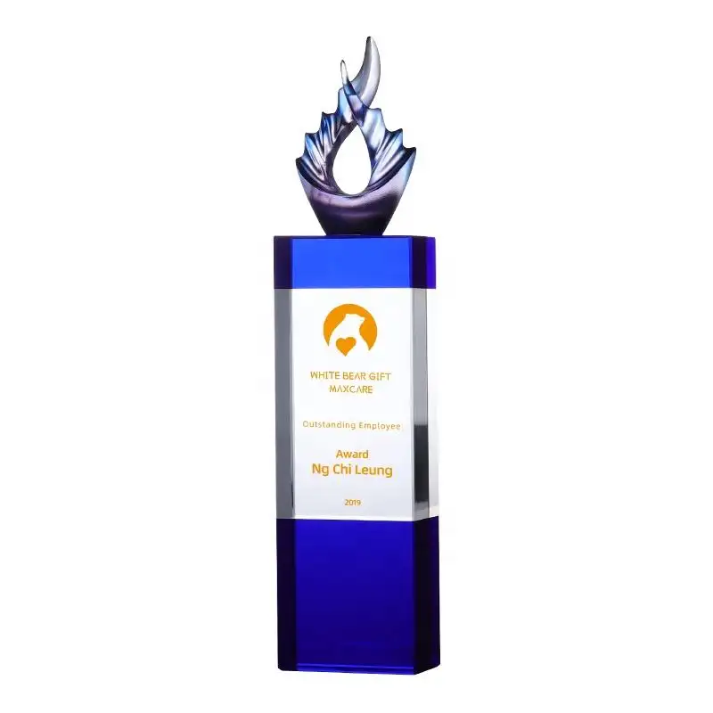 YZ hình dạng tùy chỉnh tinh thể Trophy màu xanh và trắng pha lê giải thưởng thiết kế mới lạ Glass mảng bám Trophy