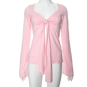 Summer New Arrivals Custom Logo Solid Color Women Sexy <strong>Long</strong> <strong>Sleeve</strong> Deep <strong>V</strong> <strong>Neck</strong> <strong>Top</strong> Casual <strong>Top</strong> for Women - Product Image 6
