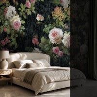 Papier peint mural floral vintage foncé personnalisé, toile à l'huile botanique rose pour la décoration du salon et de la chambre