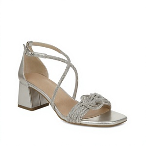 Sandalias de tacón plateadas con pedrería para mujer, punta cuadrada, con tiras, sin cordones, para verano - Product Image 4