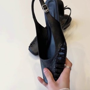 Sandales à talons slingback, bout carré, talon bloc bas, en cuir véritable, bride arrière, respirantes, chaussures pour femmes - Product Image 5