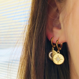 Custom High Quality Brass Jewelry Coin Huggie Hoop <strong>Earrings</strong> Trendy <strong>Moon</strong> <strong>and</strong> <strong>Star</strong> Design Gold <strong>and</strong> Rhodium Plated for Gift - Product Image 1